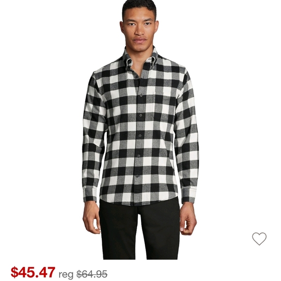 Lands' End Men's Traditional Fit Pattern Flannel Shirt Black/Ivory Buffalo Check - Picture 2 of 7